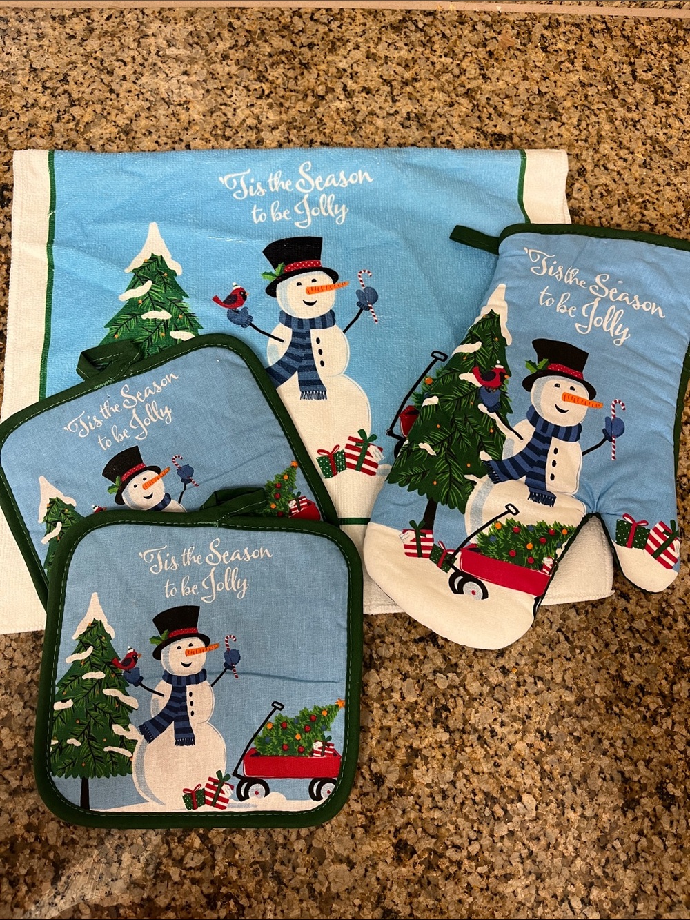 Holiday Snowman Blue Kitchen Towel, Pot Holders & Oven Mitt Set